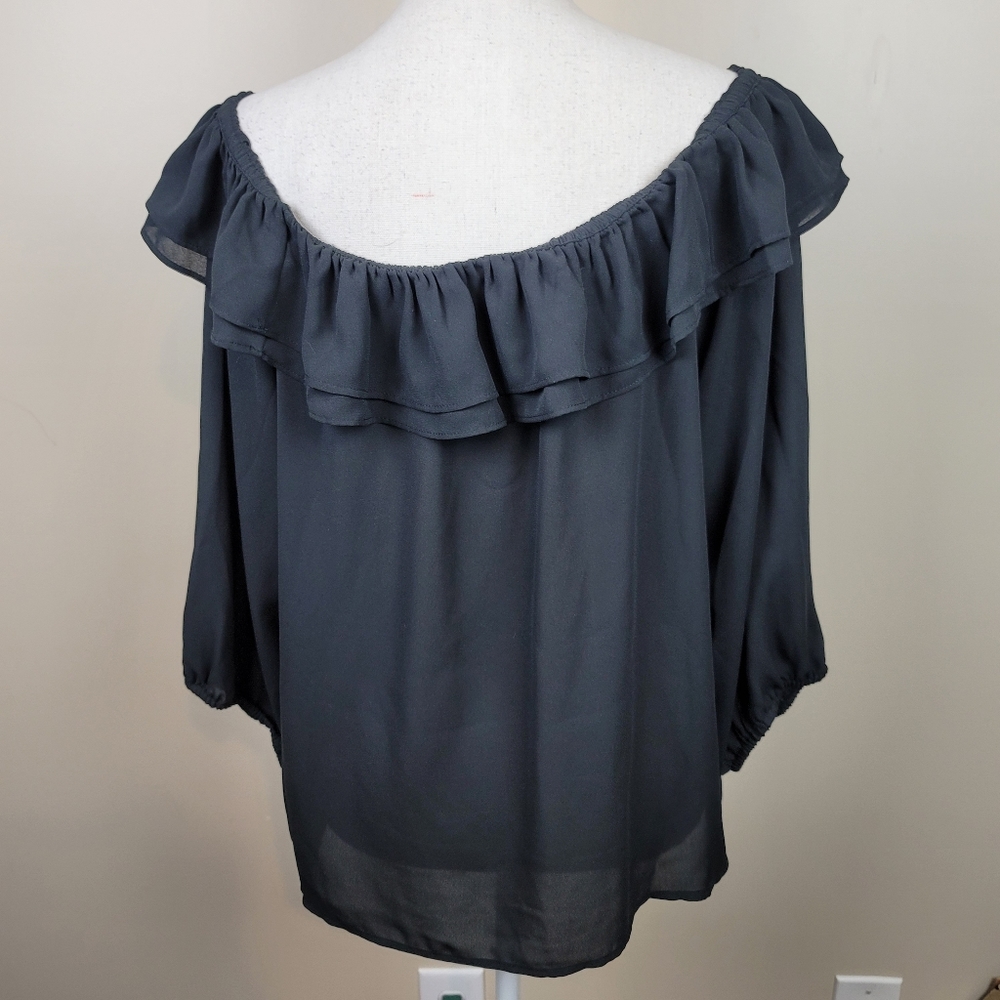 FIRM J. Crew Mercantile Black Flounce off the shoulder Ruffle Blouse size XL - Picture 7 of 9